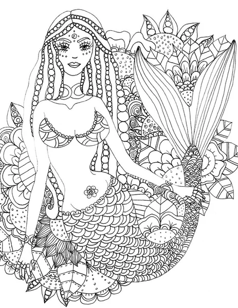 Mermaid Floral Printable Coloring Page Digital Stamp Drawing Illustration — Stock Photo, Image