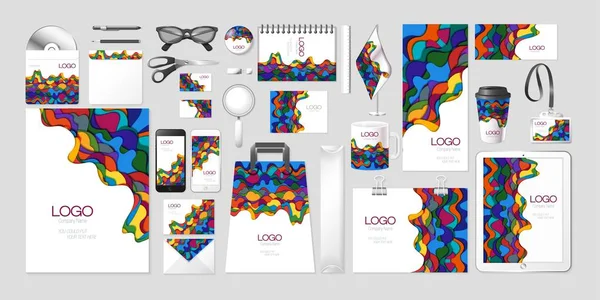 Conjunto de vetores coleção kit identidade corporativa mockup mock up abstrato design de onda multicolorido multicamadas —  Vetores de Stock