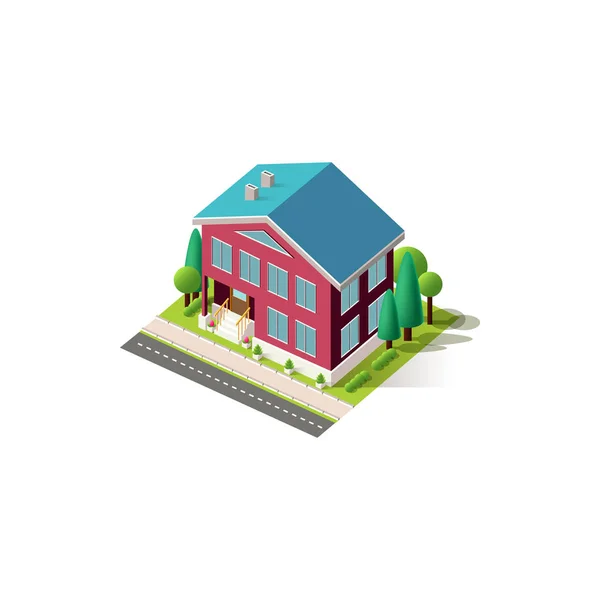 Fachada isométrica penthouse casa vermelho —  Vetores de Stock