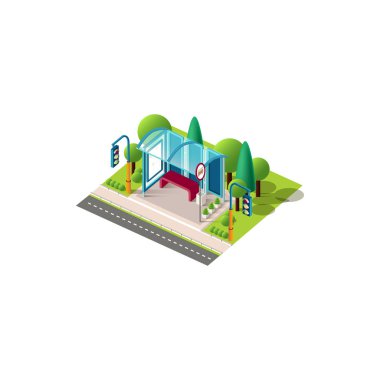Isometric blue bus station clipart