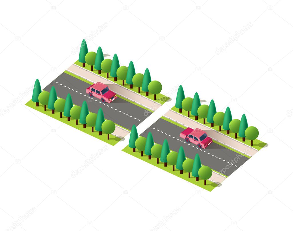 Set kit collection vector isolated isometric front, back right view red passenger car, sedan on road, city urban infrastructure element logistics, transportation, travel, trip white background