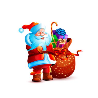 Kızgın etiket emoji mutlu yeni yıl neşeli Noel maskot tasarım beyaz arka plan göğüs üzerinde katlanmış izole vektör karakter Noel Baba stand boş çanta hediye mevcut üç çeyrek görünüm silah sıktı.