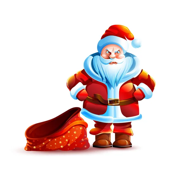 向量例证查出的字符圣诞老人空袋子没有礼物礼物愤怒不高兴的不愉快的贴纸情感快乐新年快乐圣诞节吉祥物设计元素白色背景 — 图库矢量图片