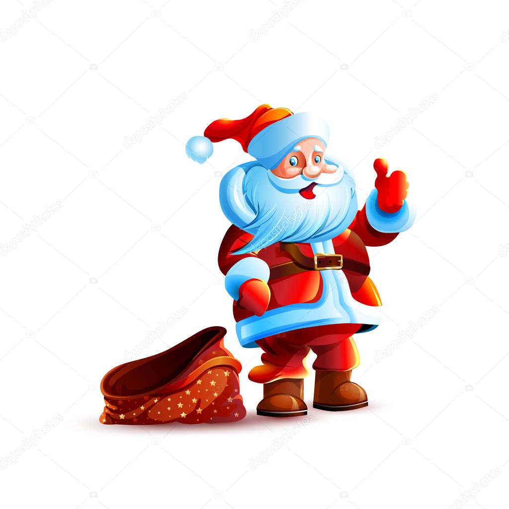 Stock vector illustration isolated character santa claus empty bag without gifts thumb up approval gesture smiling sticker emoji congratulations happy new year merry christmas mascot white background.