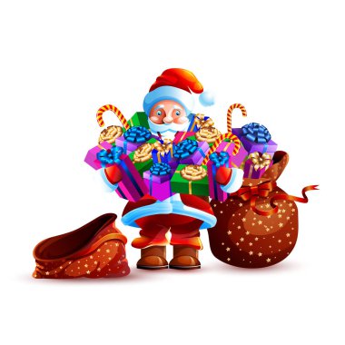 Noel Baba boş çantayı tut büyük kazık vektör illüstrasyon izole karakter hediye kutusu mevcut alışveriş Satılık geniş bir gülümseme etiket emoji mutlu yeni yıl neşeli Noel maskot tasarım öğesi beyaz arka plan.