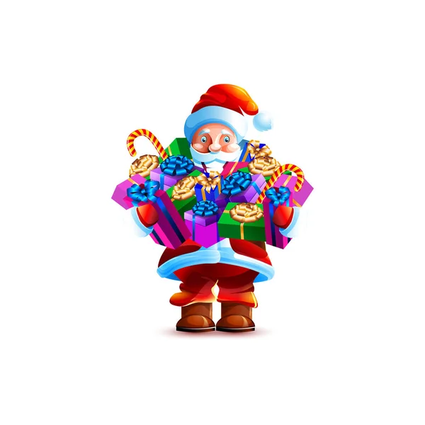 Lager Vektor Illustration Isoliert Charakter Weihnachtsmann Halten Riesigen Stapel Geschenk — Stockvektor