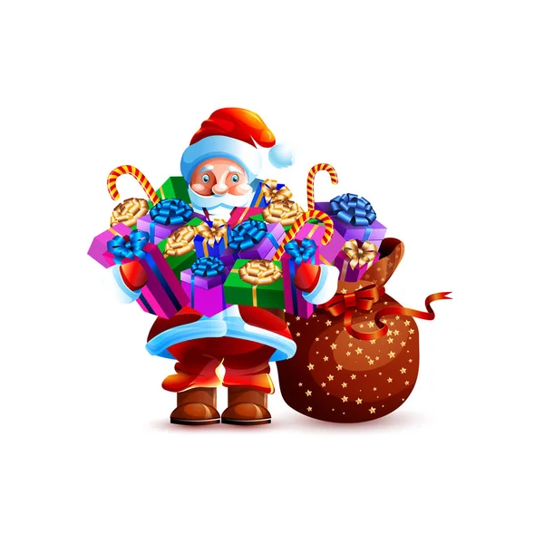 Stock Vector Illustration Isolate Charakter Weihnachtsmann Tasche Halten Riesige Stapel — Stockvektor