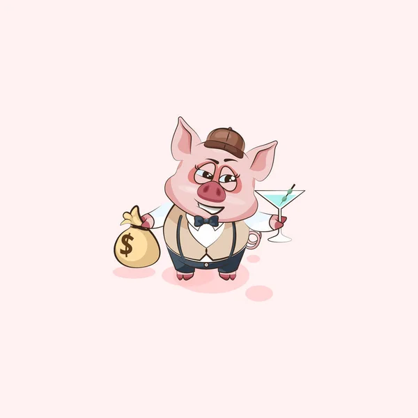 Emoticono pegatina de cerdo con bolsa de dinero y vidrio — Vector de stock