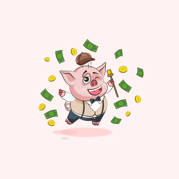 Autocollant cochon émoticône saut pour la joie de l'argent — Image vectorielle