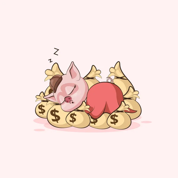 Cerdo pegatina emoticono duerme en bolsas dinero — Vector de stock