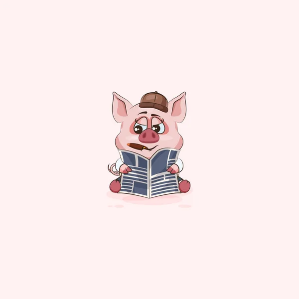 Emoticono pegatina de cerdo con el periódico de lectura de cigarros — Vector de stock