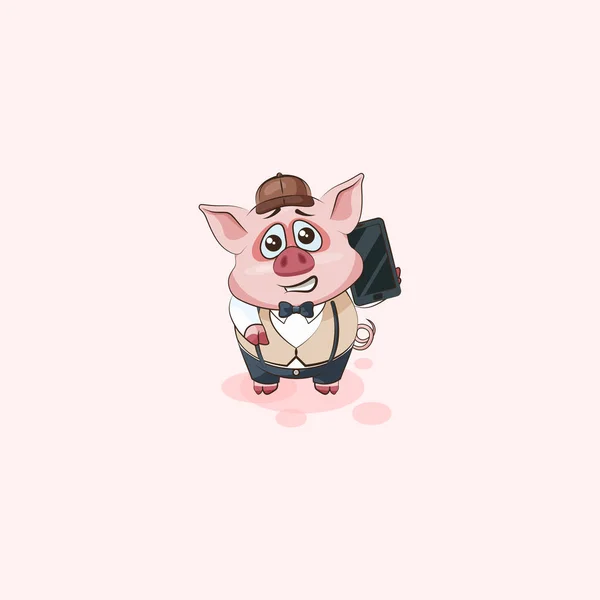 Emoticono pegatina de cerdo con teléfono inteligente — Vector de stock
