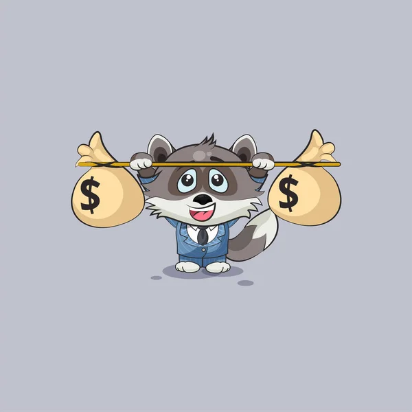 Lobo adesivo emoticon levanta sacos de barbell de dinheiro — Vetor de Stock