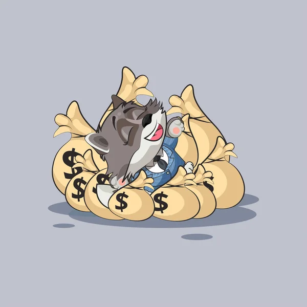 Λύκος emoticon αυτοκόλλητο βρίσκεται ευτυχισμένη σε σακούλες των χρημάτων — Διανυσματικό Αρχείο