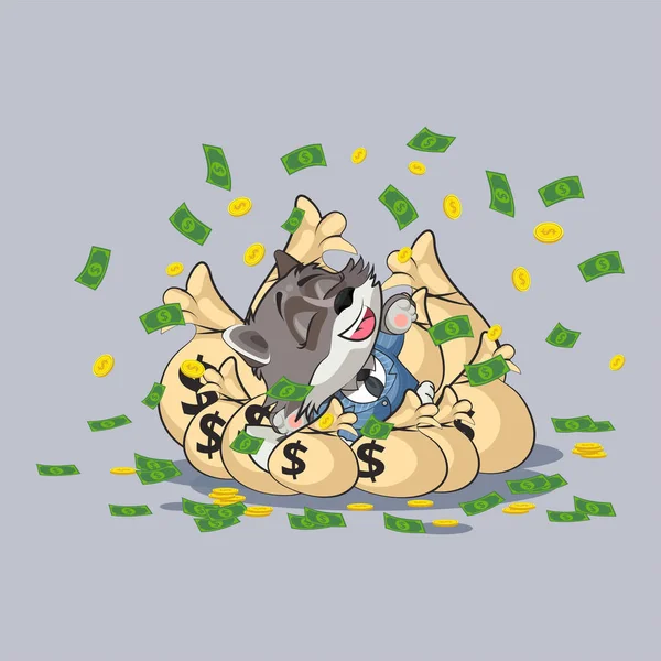 Волчий щенок лежит счастливый на мешках с деньгами — стоковый вектор