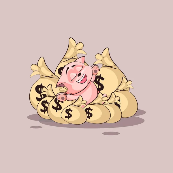 Gatito pegatina emoticono mentiras feliz en bolsas de dinero — Vector de stock