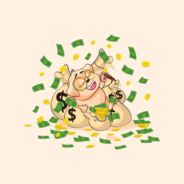 Pies cub naklejka emotikon szczęśliwy na worki pieniędzy — Wektor stockowy