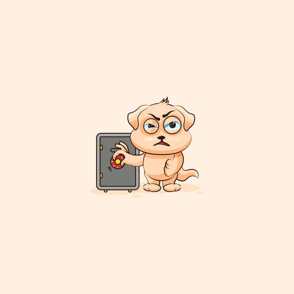 Cachorro perro pegatina emoticonos caja fuerte con dinero — Vector de stock