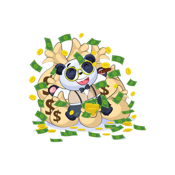 panda in business suit lies happy on bags money