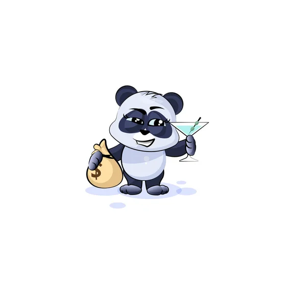 Panda bear with bag of money and glass martini — Stock Vector