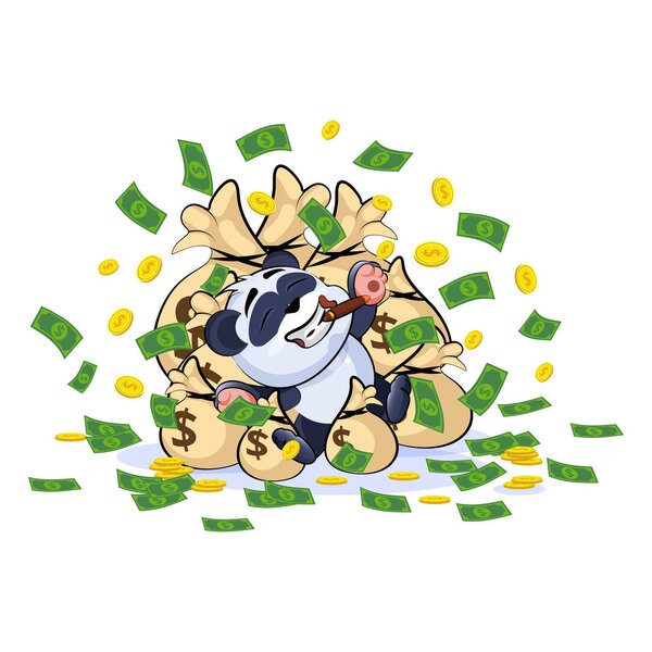 panda bear lies happy on bags of money