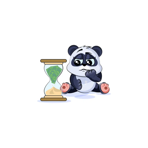 Triste oso panda pegatina emoticono se sienta a la hora del reloj de arena — Vector de stock
