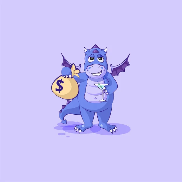 Emoticono pegatina de dragón con bolsa de dinero — Vector de stock