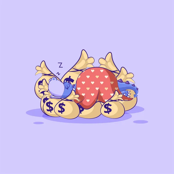 Dragón pegatina emoticono dormir en bolsas dinero — Vector de stock