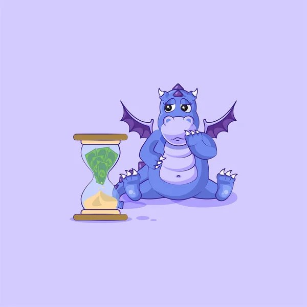 Emoticono pegatina de dragón se sienta en reloj de arena — Vector de stock