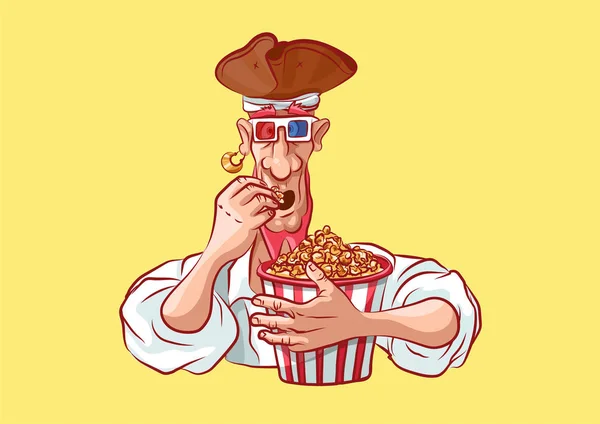 Emoji stiker pelaut kapten makan popcorn - Stok Vektor
