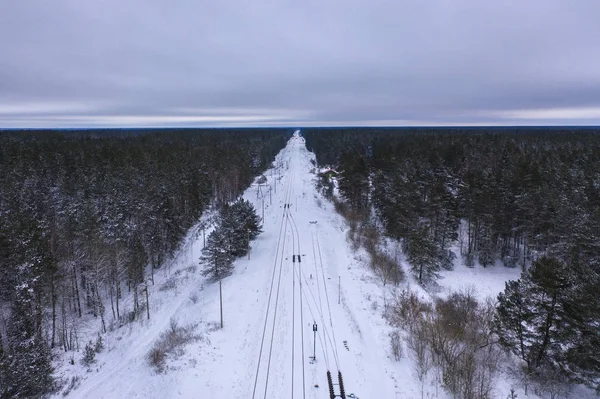 겨울 숲과 흐린 하루 동안 철도의 무인 항공기 사진 — 스톡 사진