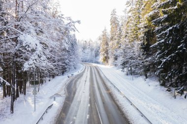 Kar yağdı orman kış yol ve araba parça