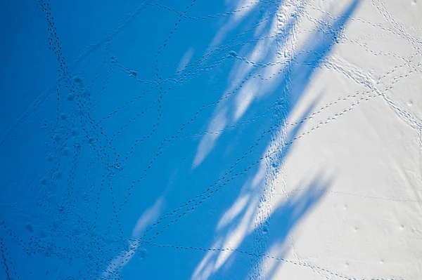 Vista aérea de huellas humanas sobre nieve blanca en el lago congelado . —  Fotos de Stock