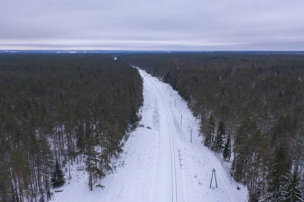 겨울 숲 및 철도의 무인 항공기 사진 — 스톡 사진