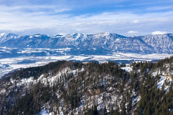 Зимова гірська панорама країни з лісом і долиною — стокове фото