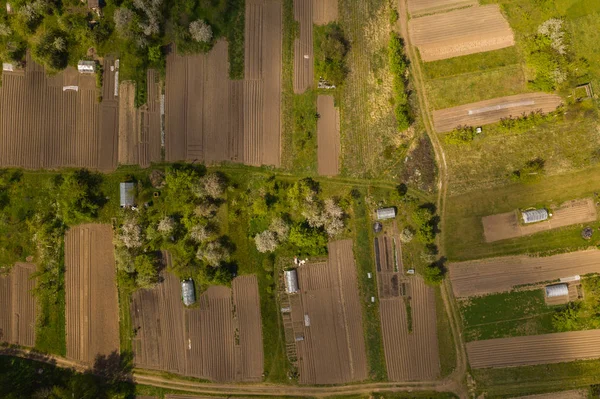 Drone de cima para baixo vista de jardins pessoais e estufas — Fotografia de Stock