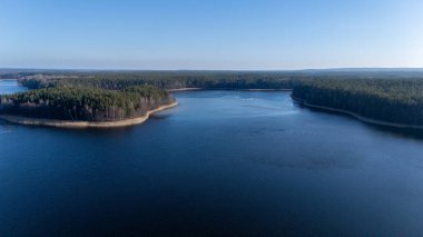 Berrak mavi gökyüzünün altında sık ormanlarla çevrili sakin bir göl manzarası..