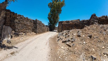 Açık mavi gökyüzünün altında toprak yolu olan antik taş kalıntıları. Antik Dara şehri, Suriye.