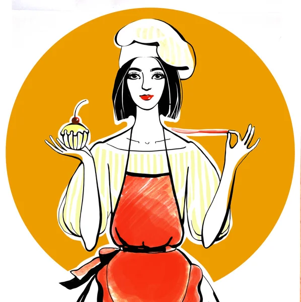 Cukiernik dziewczyna w kapeluszu szefa kuchni i czerwonym fartuch z Cupcake w ręku Zdjęcie Stockowe