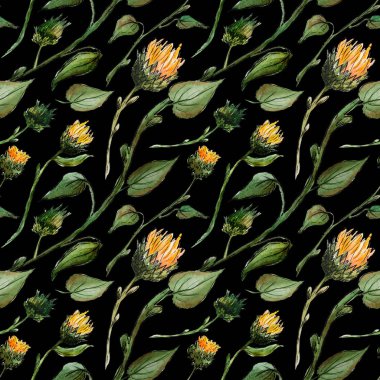 Dikişsiz desen suluboya tomurcukları ayçiçeği yaprakları bir wi üzerinde takip ediyor