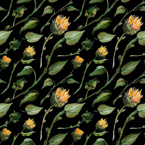 Dikişsiz desen suluboya tomurcukları ayçiçeği yaprakları bir wi üzerinde takip ediyor