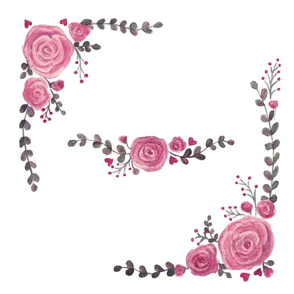 Rose rosa cuori eucalipto foglie elementi acquerello per la decorazione invito di nozze isolato — Foto Stock