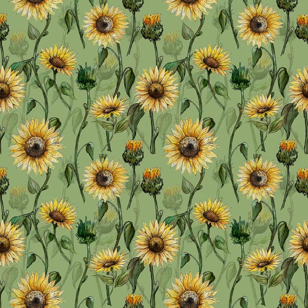 Grafica ad acquerello senza soluzione di continuità a due strati di fiori di girasoli su uno sfondo verde — Foto Stock