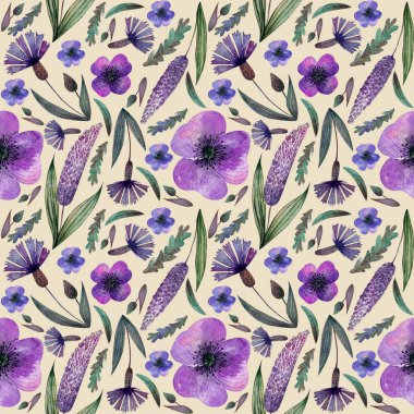 Dikişsiz desen çayır Eflatun çiçekler ve otlar, Peygamber, Lila desen bej renkli arka plan üzerinde
