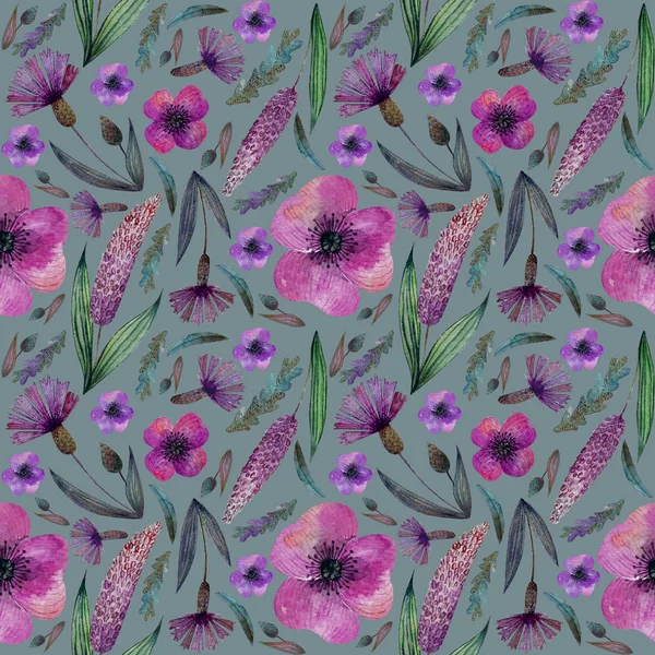 Seamless pattern meadow pink lilac flowers and herbs, cornflowers,  on gray blue background — Stock Photo, Image