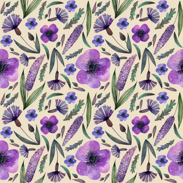 Dikişsiz desen çayır Eflatun çiçekler ve otlar, Peygamber, Lila desen bej renkli arka plan üzerinde