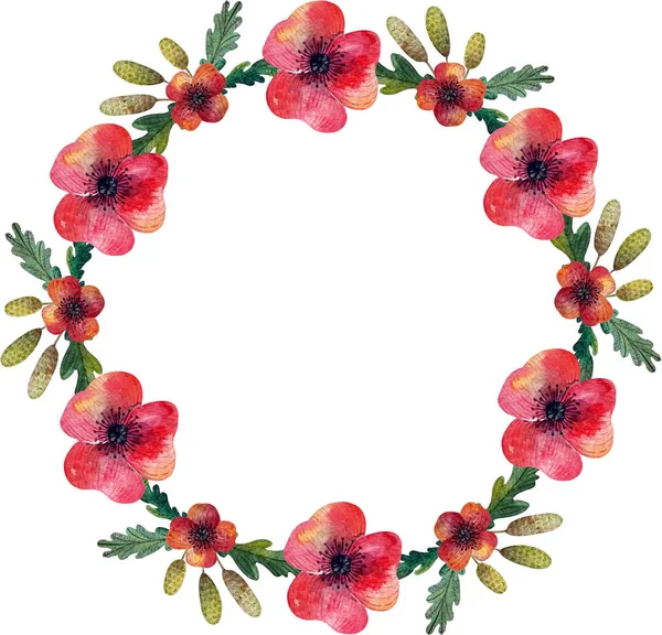 Round frame. A wreath of wild meadow flowers. Poppies and herbs