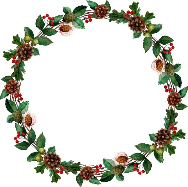 Round christmas holiday wreath christmas holiday wreath with bumps,  green leaves, red berries — Stock Photo, Image