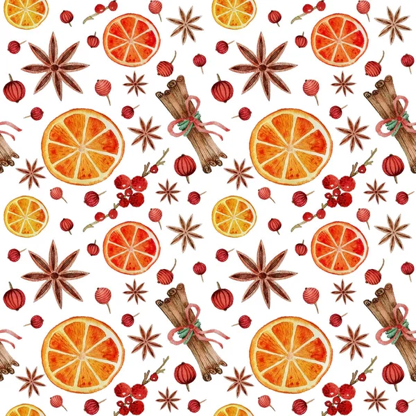 Seamless pattern CHRISTMAS NEW YEAR orange cinnamon anise cranberries  wrapping PACKAGING  paper ON wight BACKGROUND — Stock Photo, Image