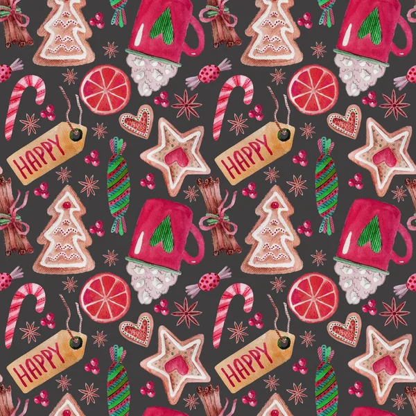 Seamless pattern  background Christmas , new year, sweet spice biscuits cocoa candys on gray background — Stock Photo, Image